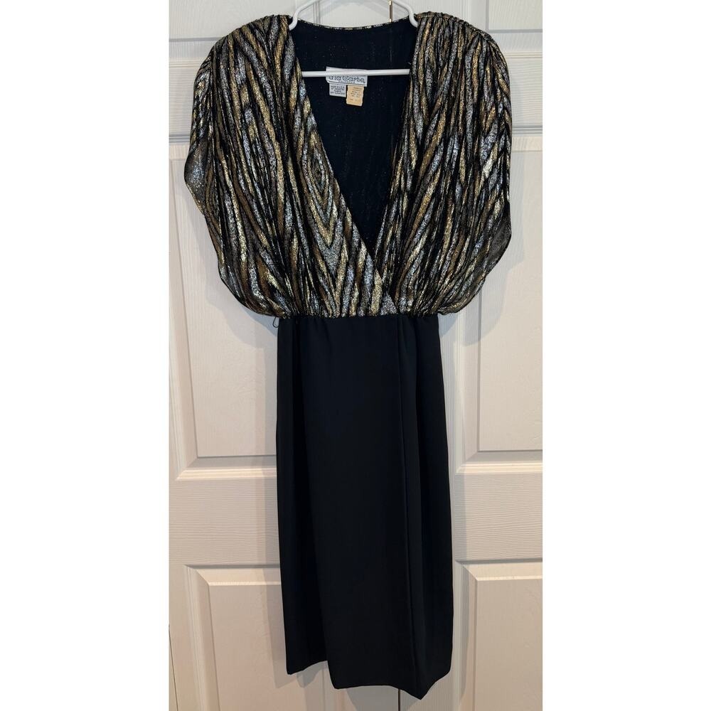 Glamorous Black Midi Dress with Gold-Accented Metallic Bodice